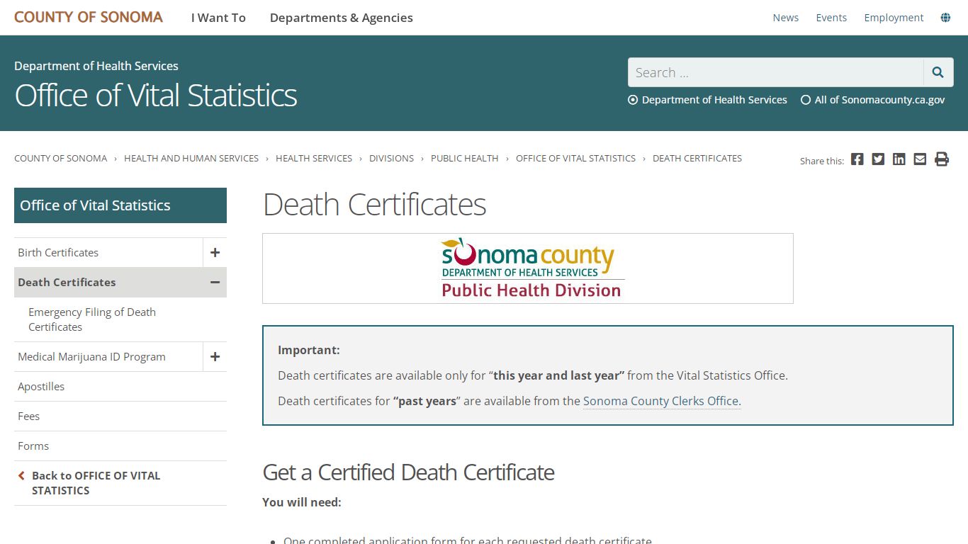 Death Certificates | Vital Statistics - County of Sonoma