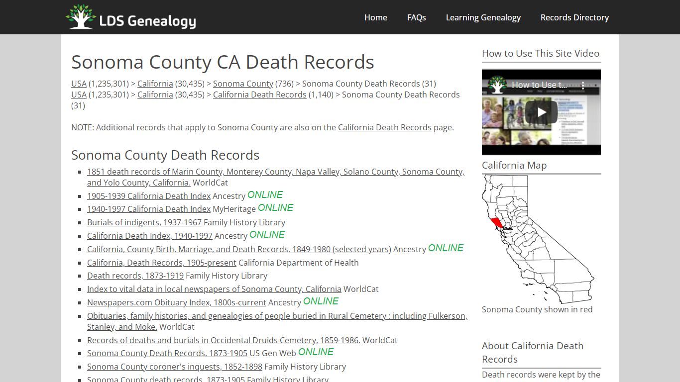Sonoma County CA Death Records - LDS Genealogy